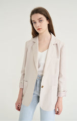 Long-Sleeve Linen Blazer With Notch Lapels And Front Pockets For Soft-Structured Elegance