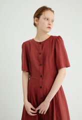 Button-Front Women's Linen Midi Dress with Puff Sleeves and Adjustable Waist Tie Detail