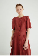 Button-Front Women's Linen Midi Dress with Puff Sleeves and Adjustable Waist Tie Detail