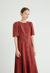 Button-Front Women's Linen Midi Dress with Puff Sleeves and Adjustable Waist Tie Detail