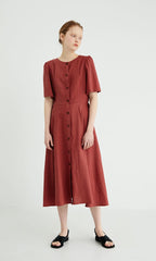 Button-Front Women's Linen Midi Dress with Puff Sleeves and Adjustable Waist Tie Detail