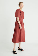 Button-Front Women's Linen Midi Dress with Puff Sleeves and Adjustable Waist Tie Detail