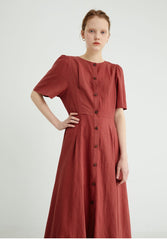 Button-Front Women's Linen Midi Dress with Puff Sleeves and Adjustable Waist Tie Detail