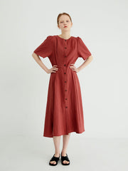 Button-Front Women's Linen Midi Dress with Puff Sleeves and Adjustable Waist Tie Detail