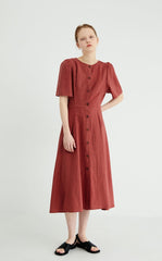 Button-Front Women's Linen Midi Dress with Puff Sleeves and Adjustable Waist Tie Detail