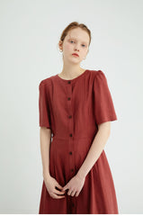 Button-Front Women's Linen Midi Dress with Puff Sleeves and Adjustable Waist Tie Detail
