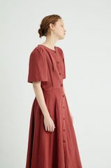 Button-Front Women's Linen Midi Dress with Puff Sleeves and Adjustable Waist Tie Detail