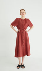 Button-Front Women's Linen Midi Dress with Puff Sleeves and Adjustable Waist Tie Detail