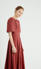 Button-Front Women's Linen Midi Dress with Puff Sleeves and Adjustable Waist Tie Detail