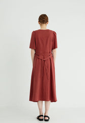 Button-Front Women's Linen Midi Dress with Puff Sleeves and Adjustable Waist Tie Detail