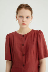 Button-Front Women's Linen Midi Dress with Puff Sleeves and Adjustable Waist Tie Detail