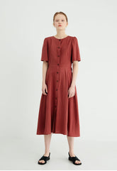 Button-Front Women's Linen Midi Dress with Puff Sleeves and Adjustable Waist Tie Detail