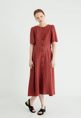Button-Front Women's Linen Midi Dress with Puff Sleeves and Adjustable Waist Tie Detail