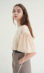 Women's Linen Blend Blouse with Puff Sleeves, Back Button Detail, and Soft Sailor Collar