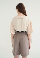 Women's Linen Blend Blouse with Puff Sleeves, Back Button Detail, and Soft Sailor Collar