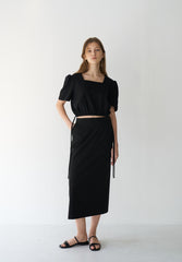 Cropped Women's Linen Blouse with Square Neckline and Puff Sleeves with Side Tie Detail