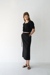 Cropped Women's Linen Blouse with Square Neckline and Puff Sleeves with Side Tie Detail