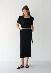 Cropped Women's Linen Blouse with Square Neckline and Puff Sleeves with Side Tie Detail