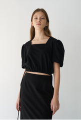 Cropped Women's Linen Blouse with Square Neckline and Puff Sleeves with Side Tie Detail