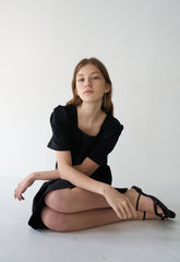 Cropped Women's Linen Blouse with Square Neckline and Puff Sleeves with Side Tie Detail