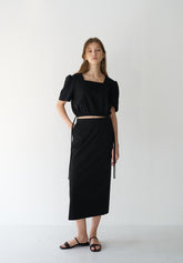 Cropped Women's Linen Blouse with Square Neckline and Puff Sleeves with Side Tie Detail