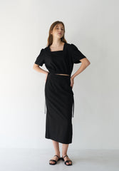 Cropped Women's Linen Blouse with Square Neckline and Puff Sleeves with Side Tie Detail