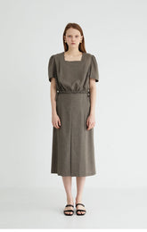 Square Neck Puff Sleeve Linen Blouse with Back Button Closure and Waist Drawstring Detail