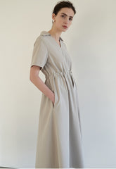 Linen Midi Dress with V-Neckline, Gathered Waist Detail, and Short Relaxed Sleeves