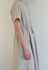 Linen Midi Dress with V-Neckline, Gathered Waist Detail, and Short Relaxed Sleeves