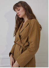 Tailored Linen Blazer with Notched Lapels and Waist Tie Belt for Soft-Structured Elegance