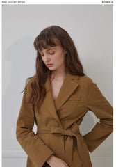 Tailored Linen Blazer with Notched Lapels and Waist Tie Belt for Soft-Structured Elegance