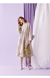 Cinched Waist Cotton Poplin Midi Dress for Women with Long Sleeves and Relaxed Silhouette