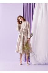 Cinched Waist Cotton Poplin Midi Dress for Women with Long Sleeves and Relaxed Silhouette