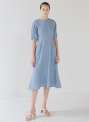Flowy Linen Midi Dress with Puff Half Sleeves and Feminine Flared Hem Detail