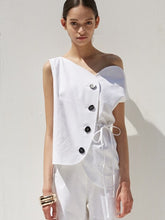 Asymmetric Button-Front Linen Top with Side Tie Detail and Draped One-Shoulder Neckline