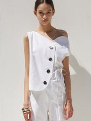 Asymmetric Button-Front Linen Top with Side Tie Detail and Draped One-Shoulder Neckline