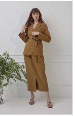 Tailored Linen Blazer with Notched Lapels and Waist Tie Belt for Soft-Structured Elegance