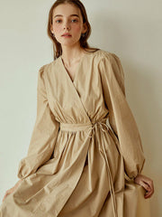 Cotton Poplin Wrap Dress with Long Sleeves, Tie Waist, and Flowy Midi Silhouette