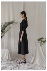 Square Neck Linen Midi Dress with Ruched Bodice and Puff Sleeves