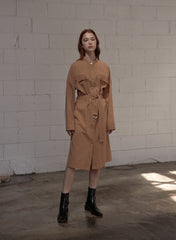 Utility-Inspired Linen Shirt Blazer Dress for Women with Belted Waist and Button-Front Design