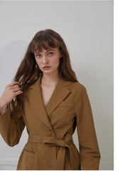 Tailored Linen Blazer with Notched Lapels and Waist Tie Belt for Soft-Structured Elegance