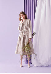 Cinched Waist Cotton Poplin Midi Dress for Women with Long Sleeves and Relaxed Silhouette