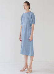 Flowy Linen Midi Dress with Puff Half Sleeves and Feminine Flared Hem Detail