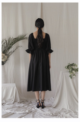 Square Neck Linen Midi Dress with Ruched Bodice and Puff Sleeves