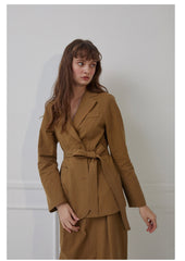 Tailored Linen Blazer with Notched Lapels and Waist Tie Belt for Soft-Structured Elegance