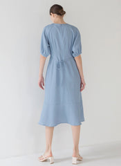 Flowy Linen Midi Dress with Puff Half Sleeves and Feminine Flared Hem Detail