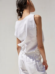 Asymmetric Button-Front Linen Top with Side Tie Detail and Draped One-Shoulder Neckline