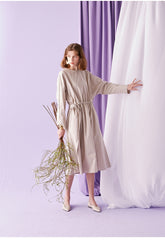 Cinched Waist Cotton Poplin Midi Dress for Women with Long Sleeves and Relaxed Silhouette