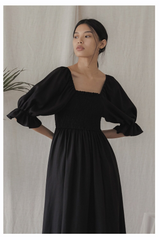 Square Neck Linen Midi Dress with Ruched Bodice and Puff Sleeves