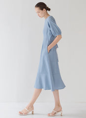 Flowy Linen Midi Dress with Puff Half Sleeves and Feminine Flared Hem Detail